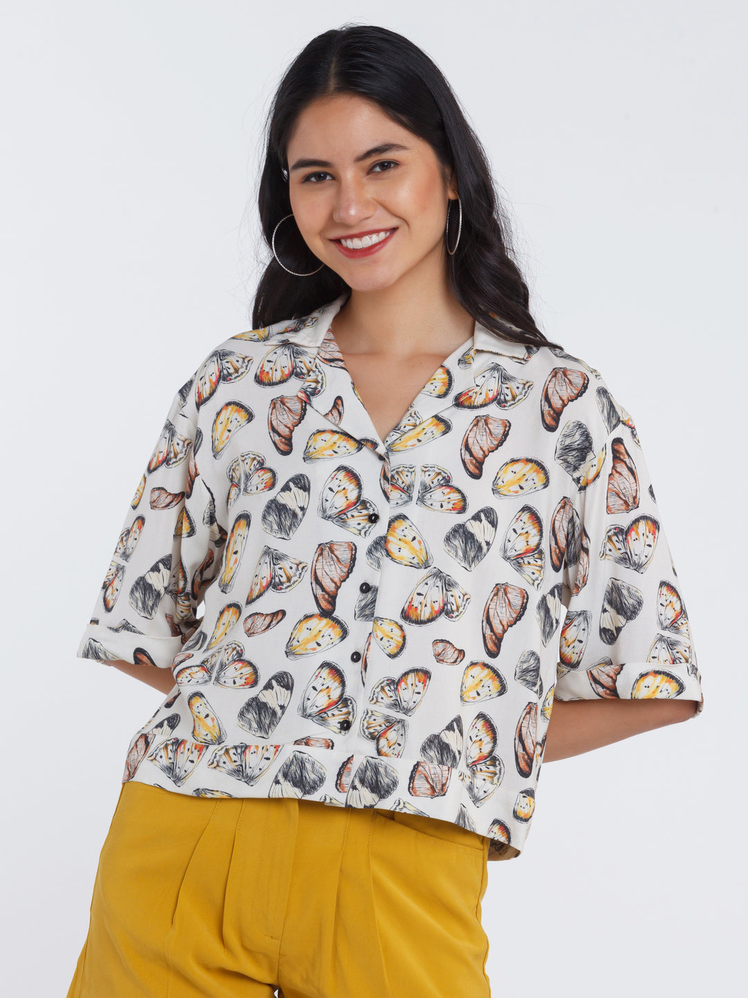 Off White Printed Overszied Shirt For Women