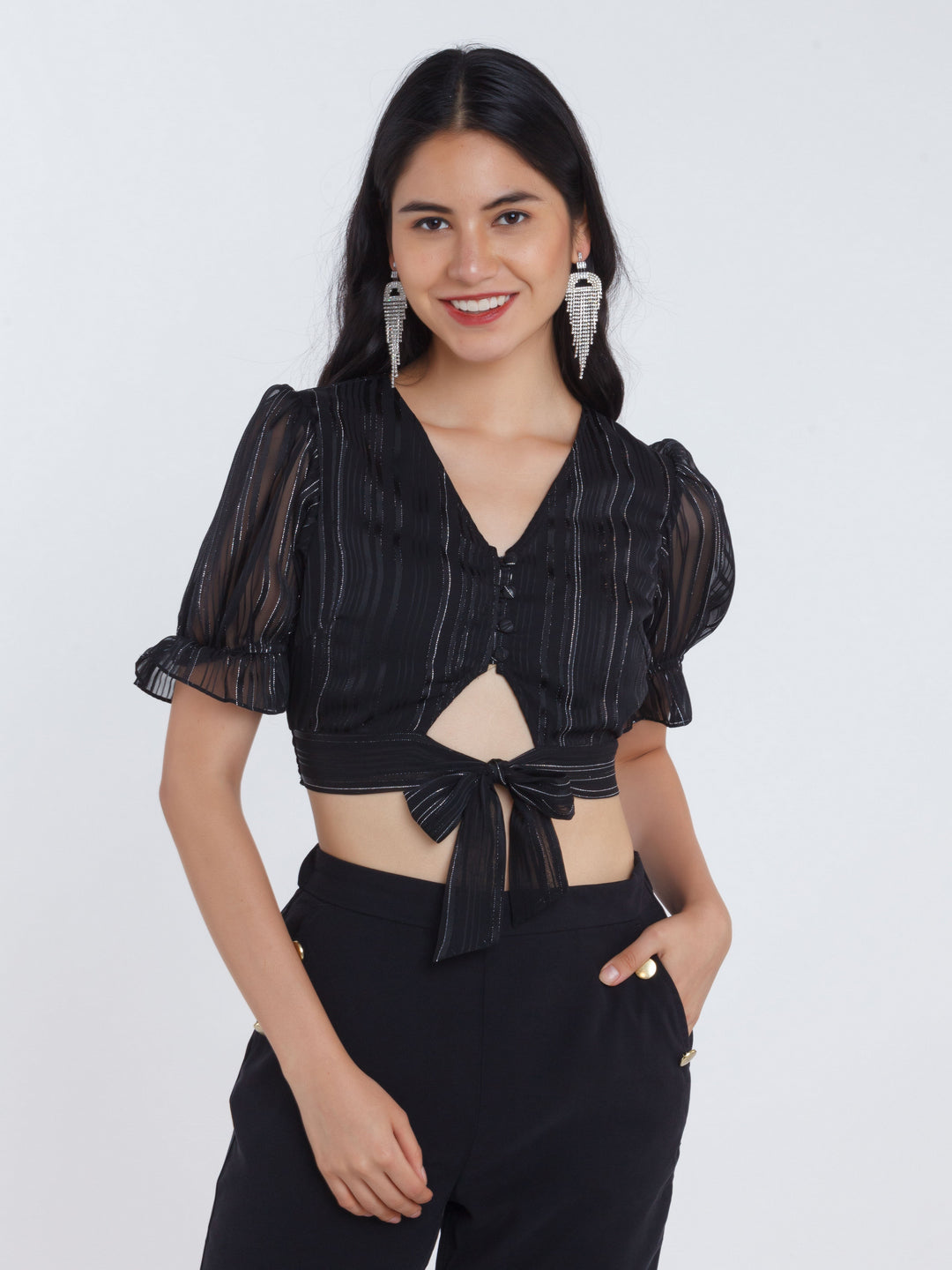 Black Striped Tie-Up Top