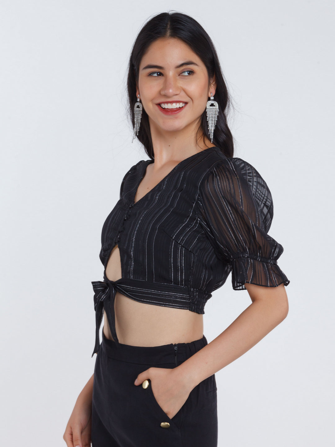 Black Striped Tie-Up Top For Women
