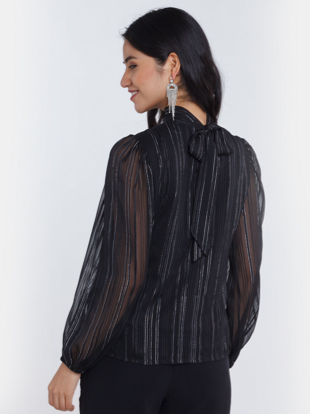 Black Striped Tie-Up Top For Women