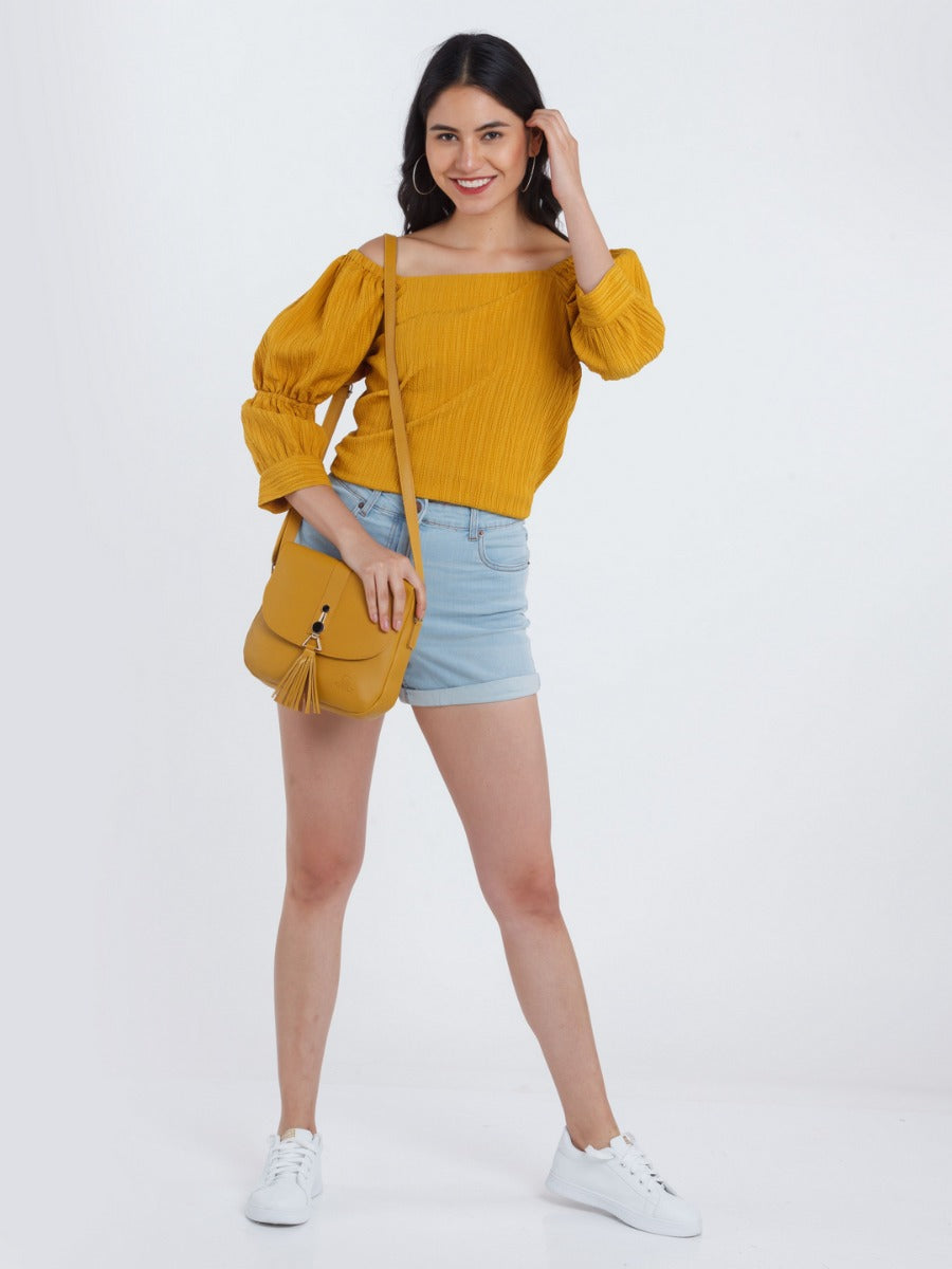 Mustard Solid Tiered Top For Women