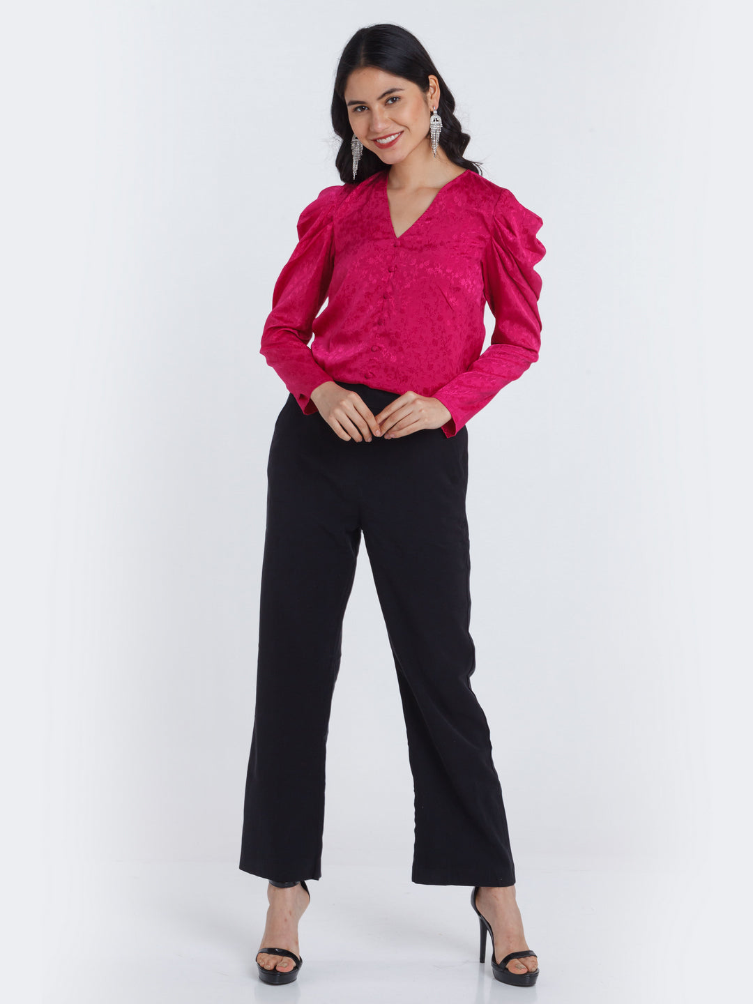 Magenta Self Design Puff Sleeve Top