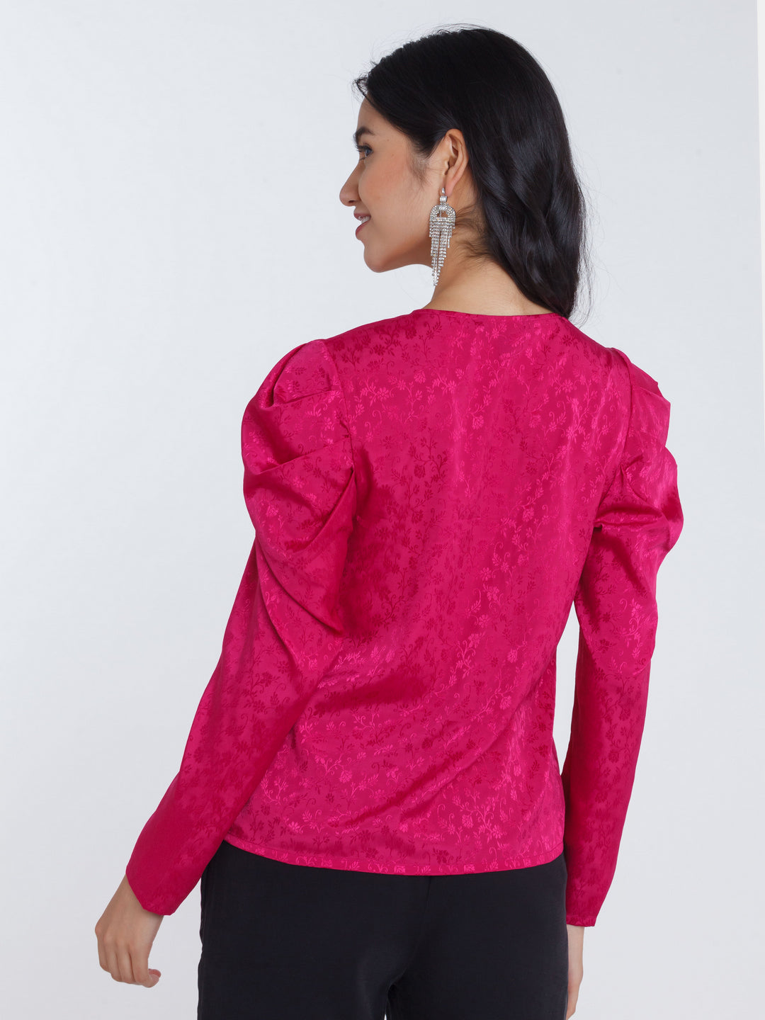 Magenta Self Design Puff Sleeve Top