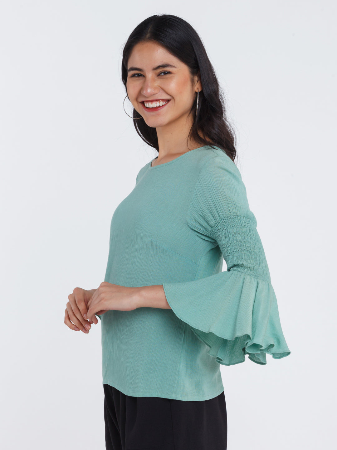 Mint Solid Flared Sleeve Top For Women