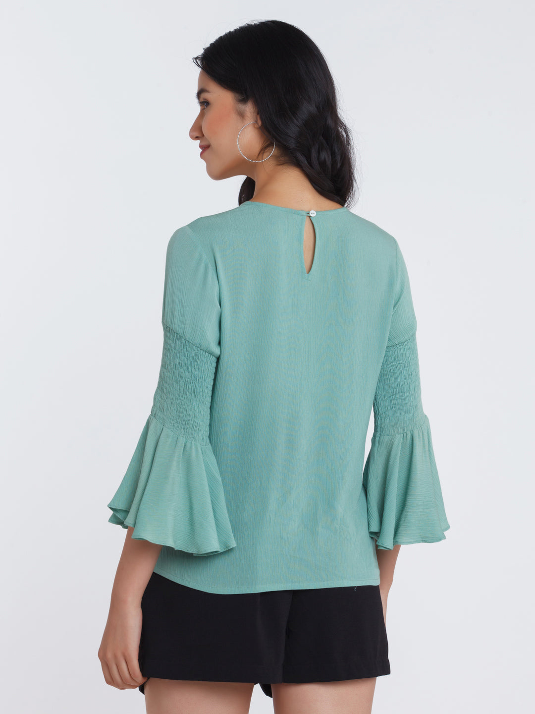Mint Solid Flared Sleeve Top For Women