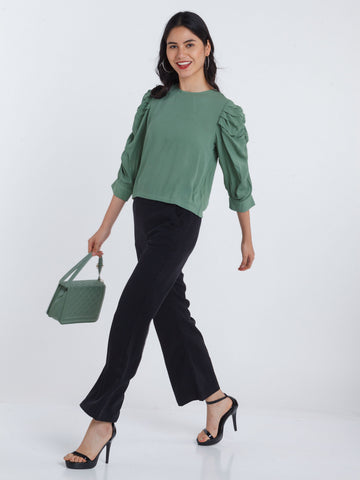 Green Solid Ruched sleeve Top For Women