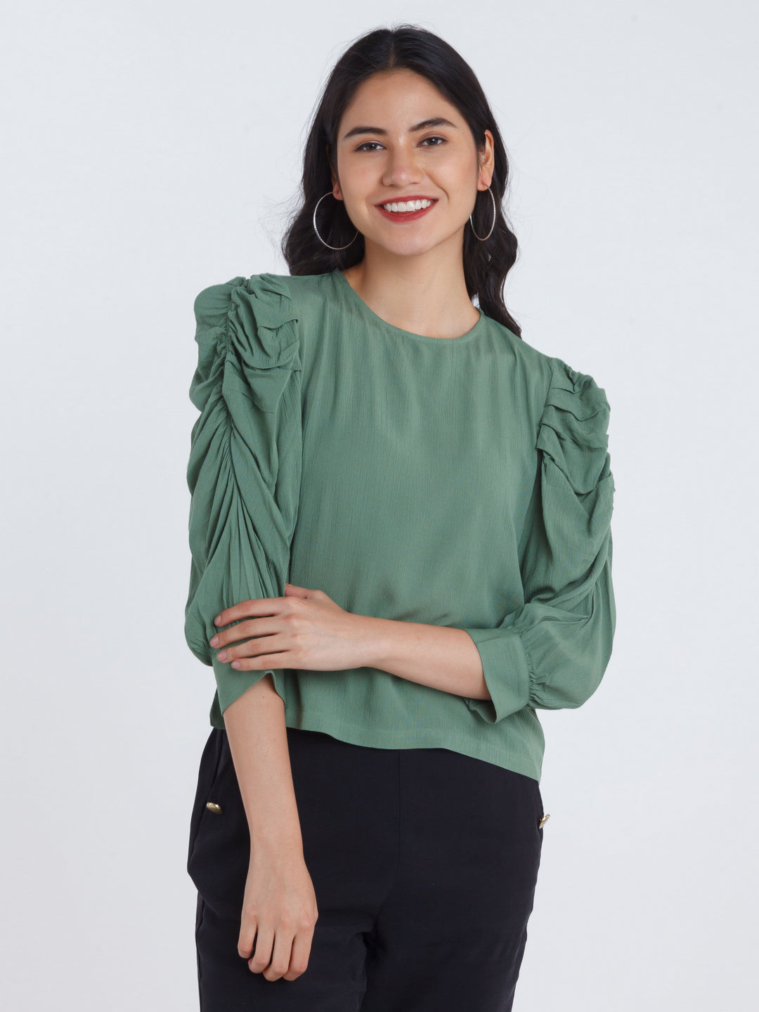 Green Solid Ruched sleeve Top