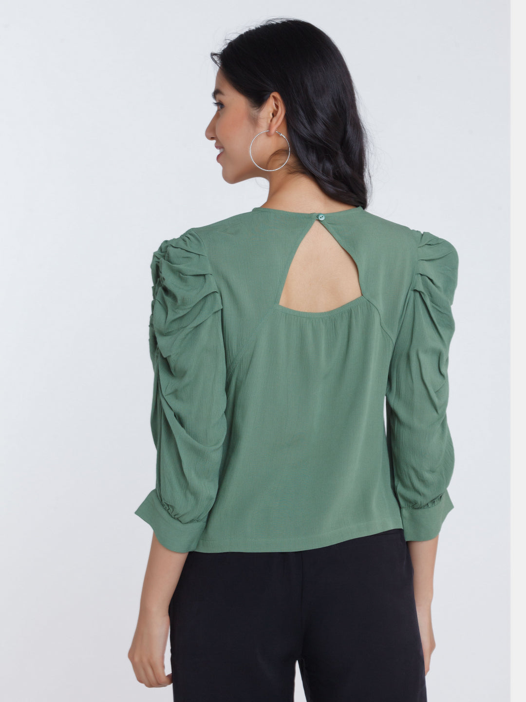 Green Solid Ruched sleeve Top For Women