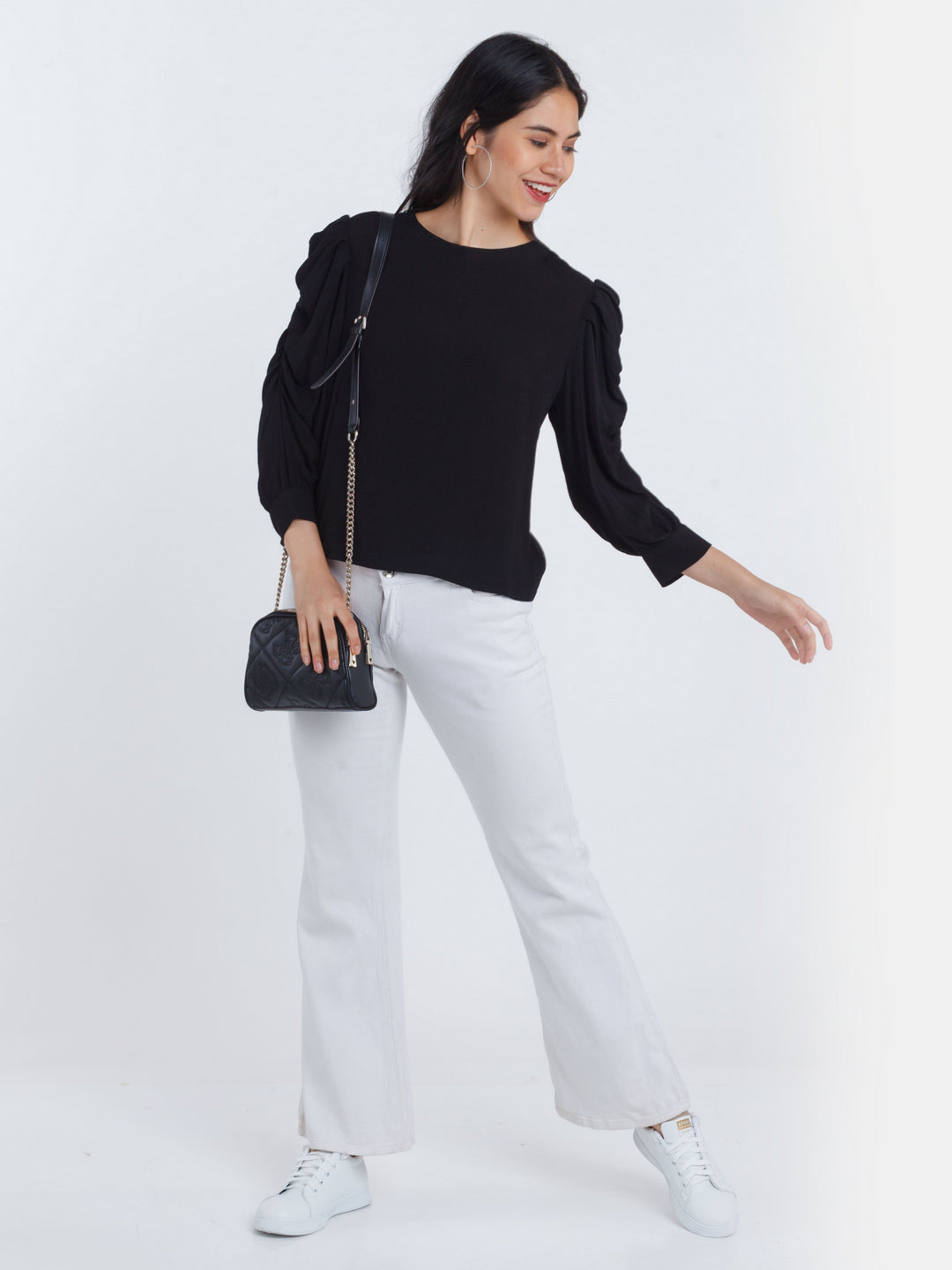 Black Solid Ruched sleeve Top For Women