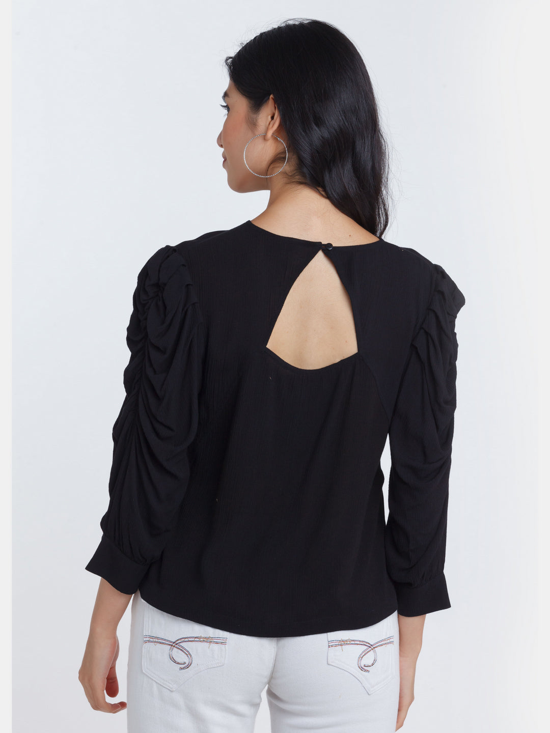 Black Solid Ruched sleeve Top For Women