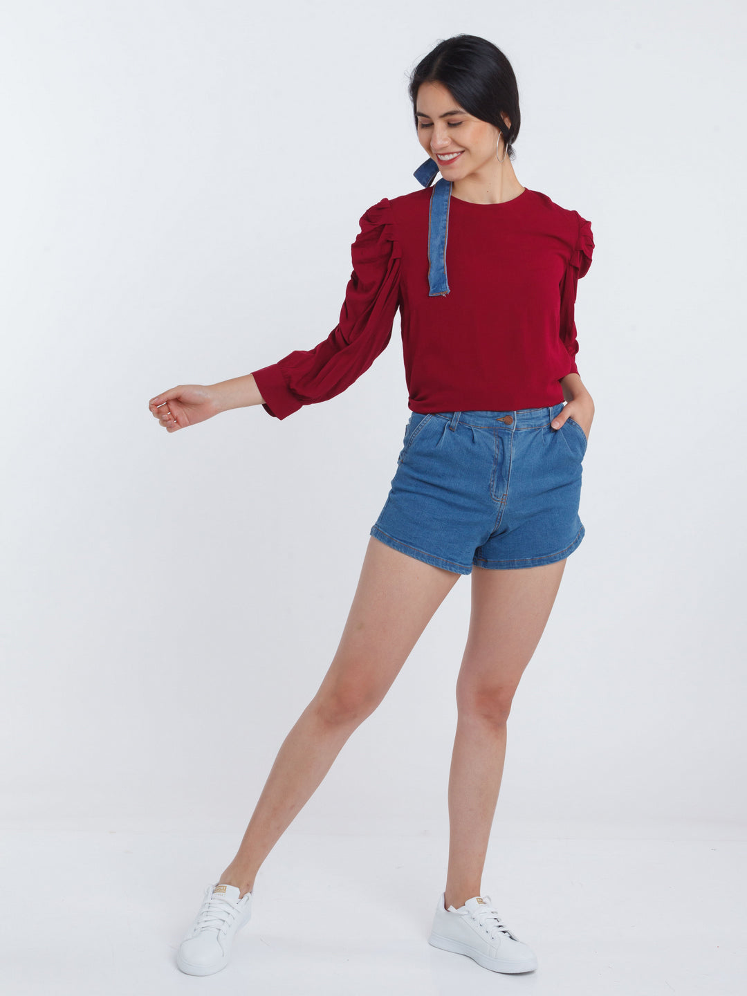 Maroon Solid Ruched sleeve Top