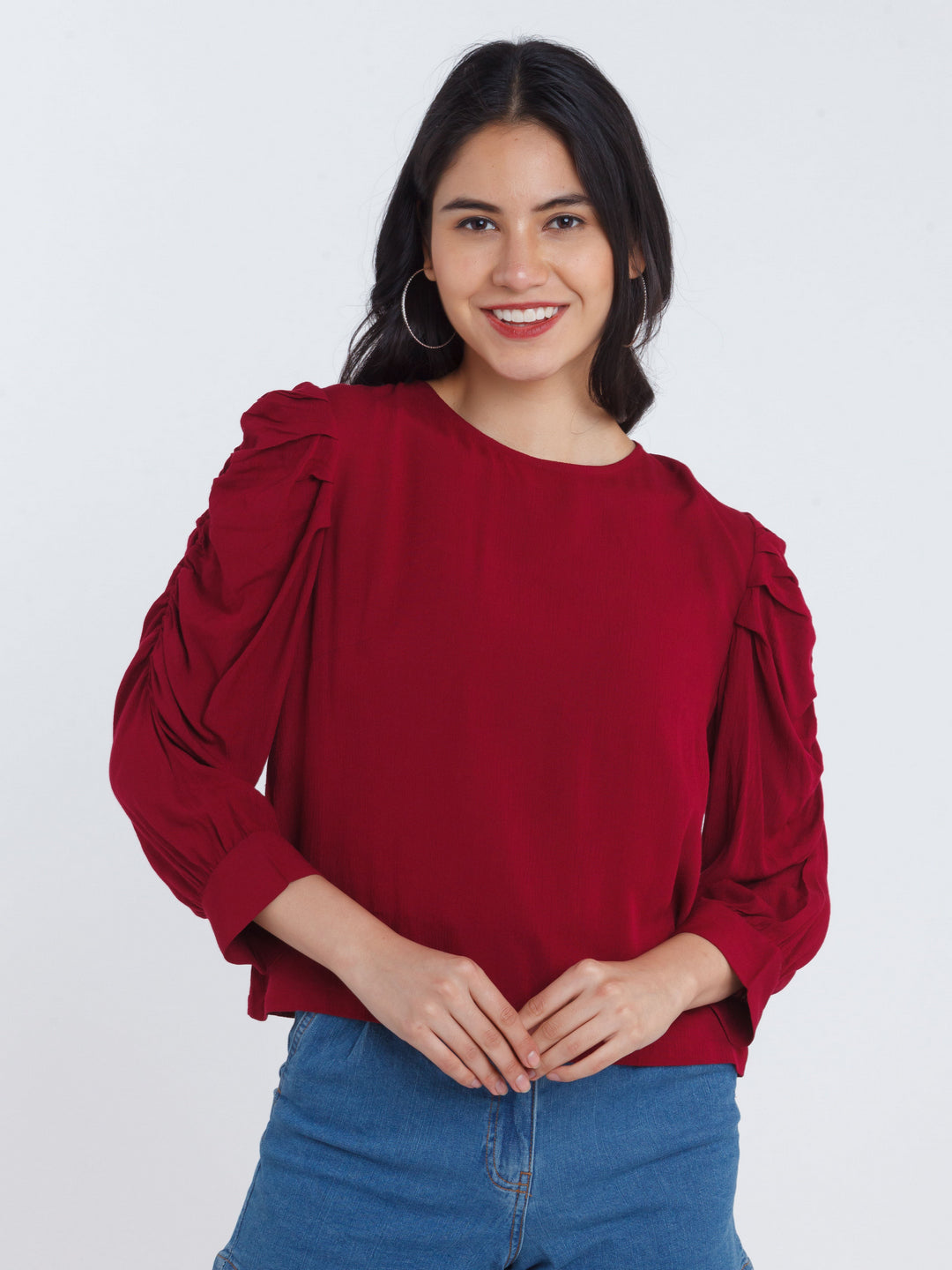 Maroon Solid Ruched sleeve Top