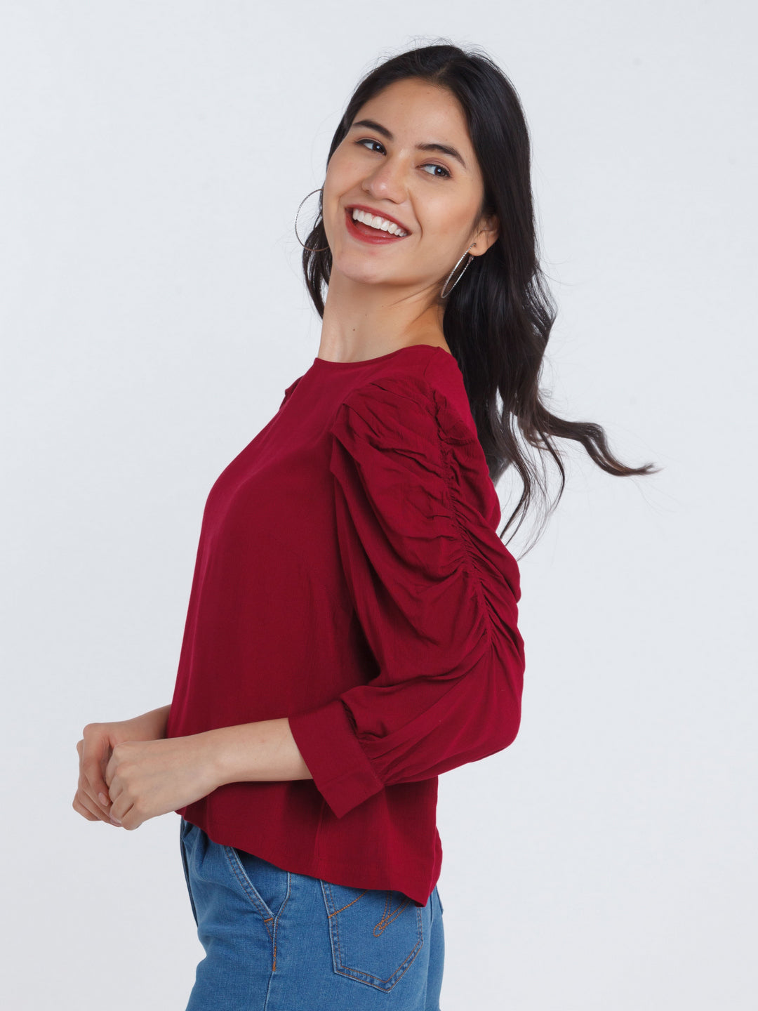 Maroon Solid Ruched sleeve Top