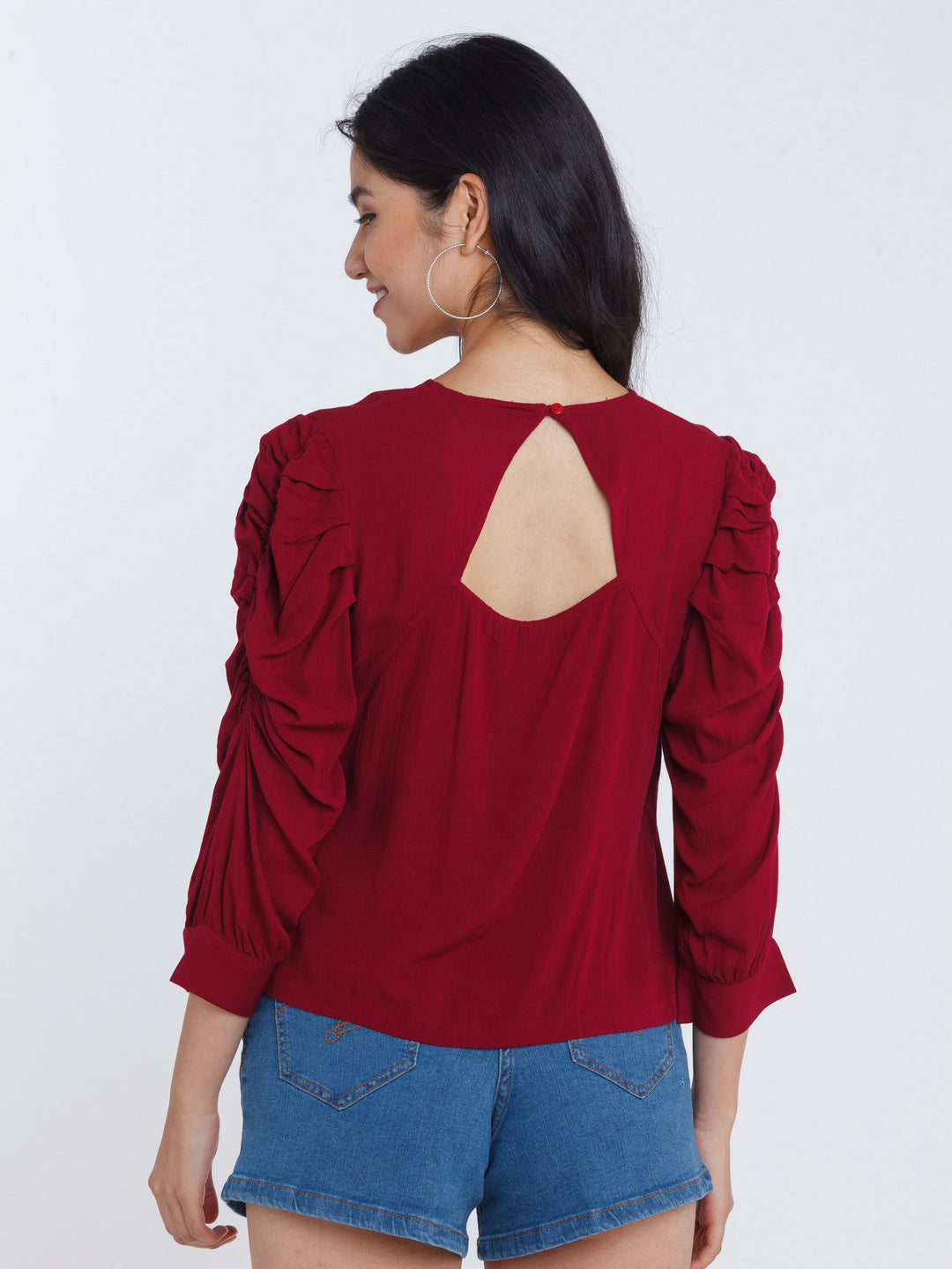 Maroon Solid Ruched sleeve Top For Women
