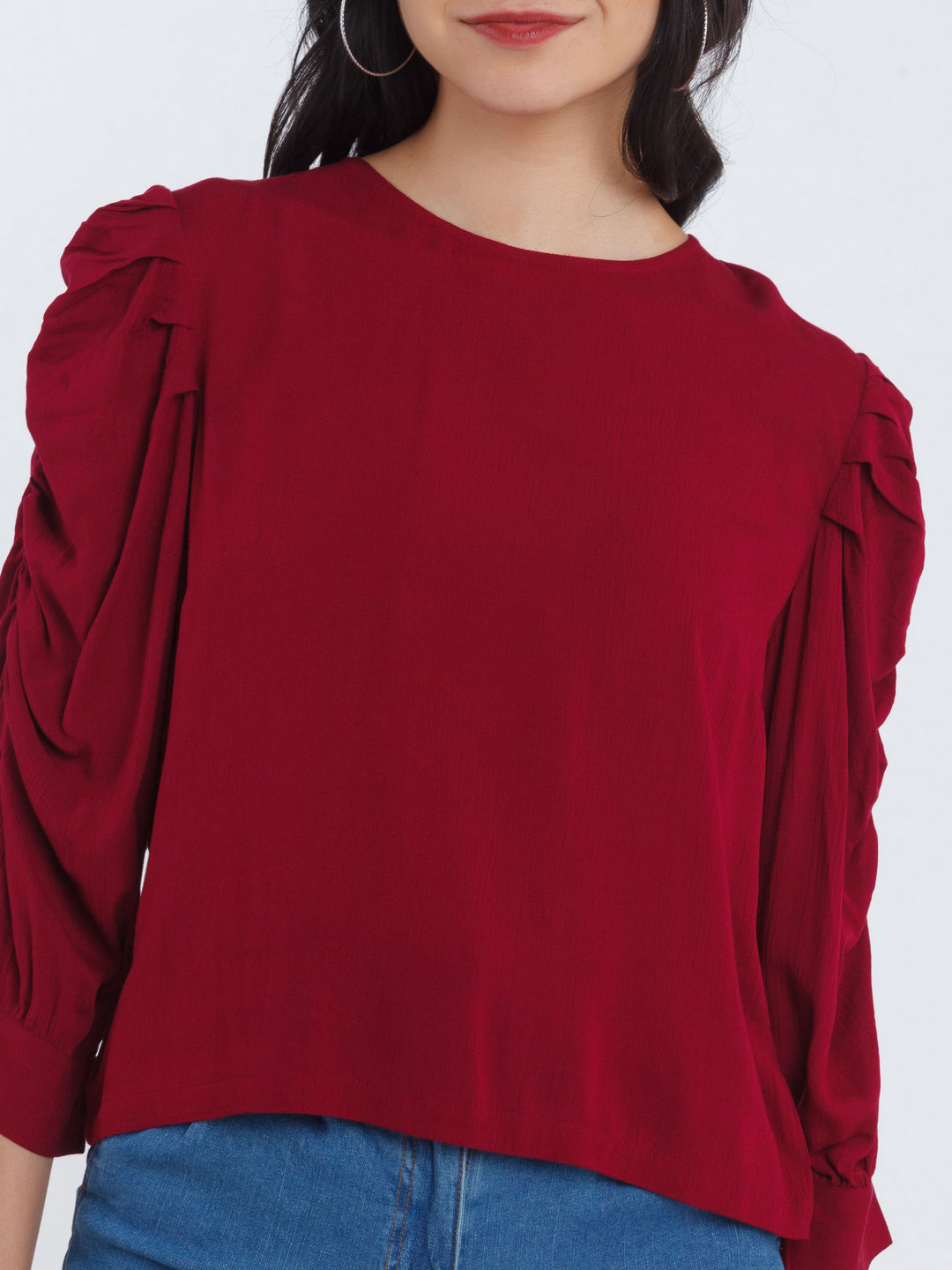 Maroon Solid Ruched sleeve Top