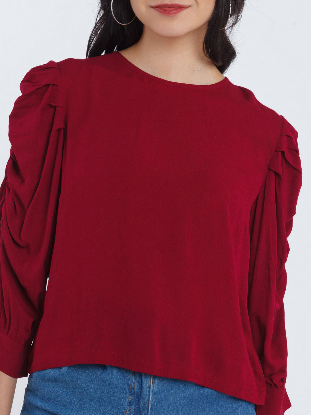 Maroon Solid Ruched sleeve Top For Women