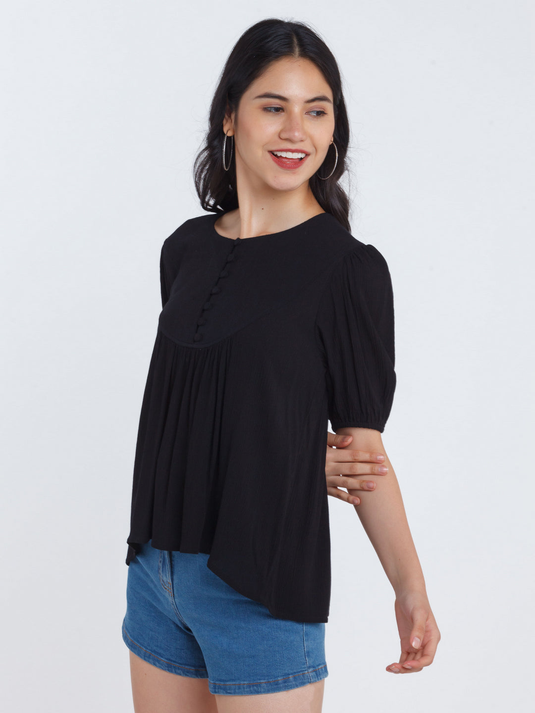 Black Solid Gathered Top