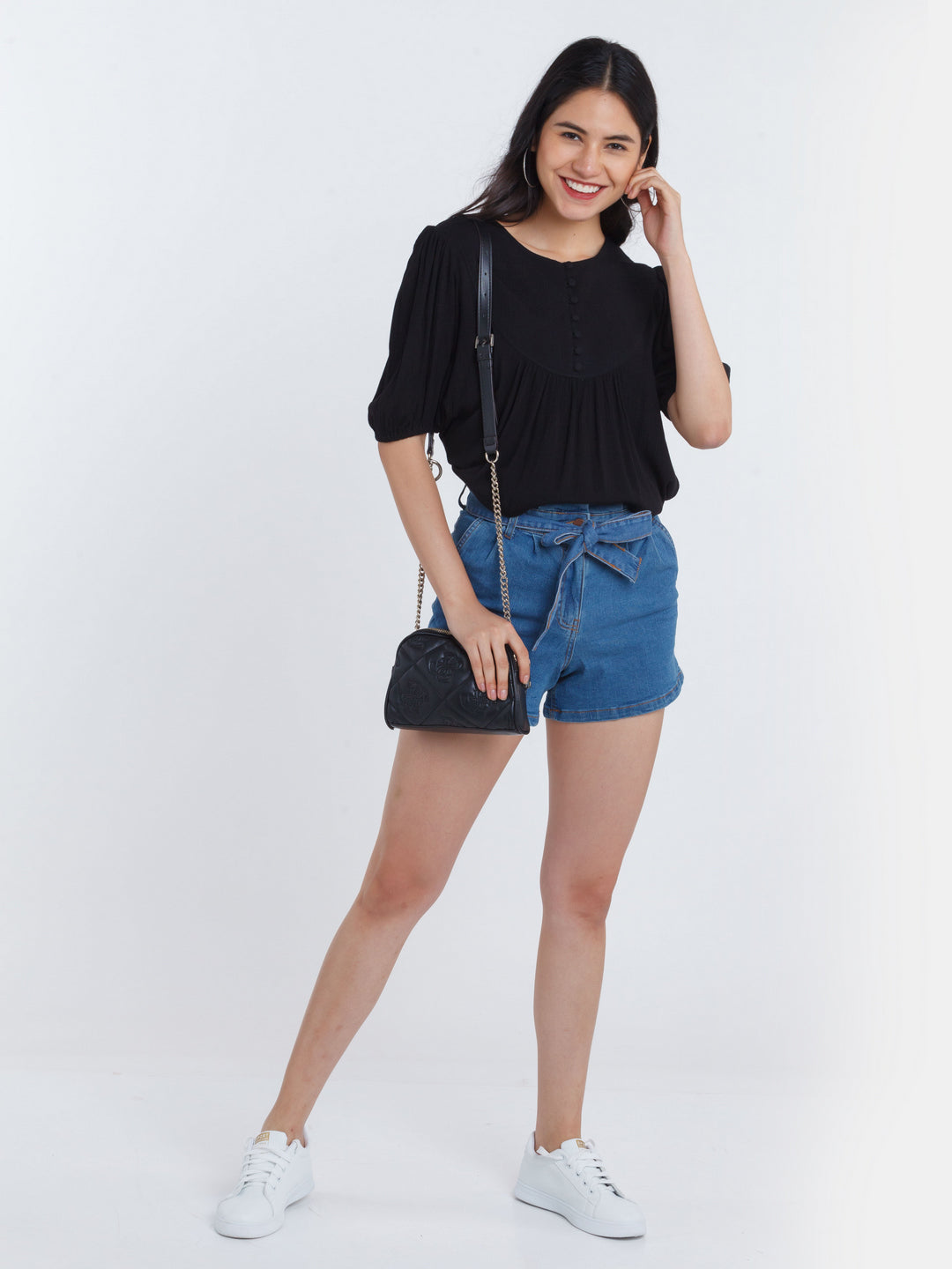 Black Solid Gathered Top For Women