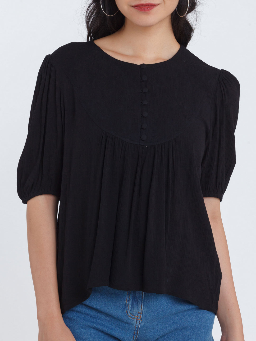 Black Solid Gathered Top For Women