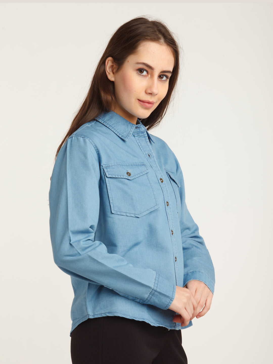 Blue Solid Straight Shirt For Women
