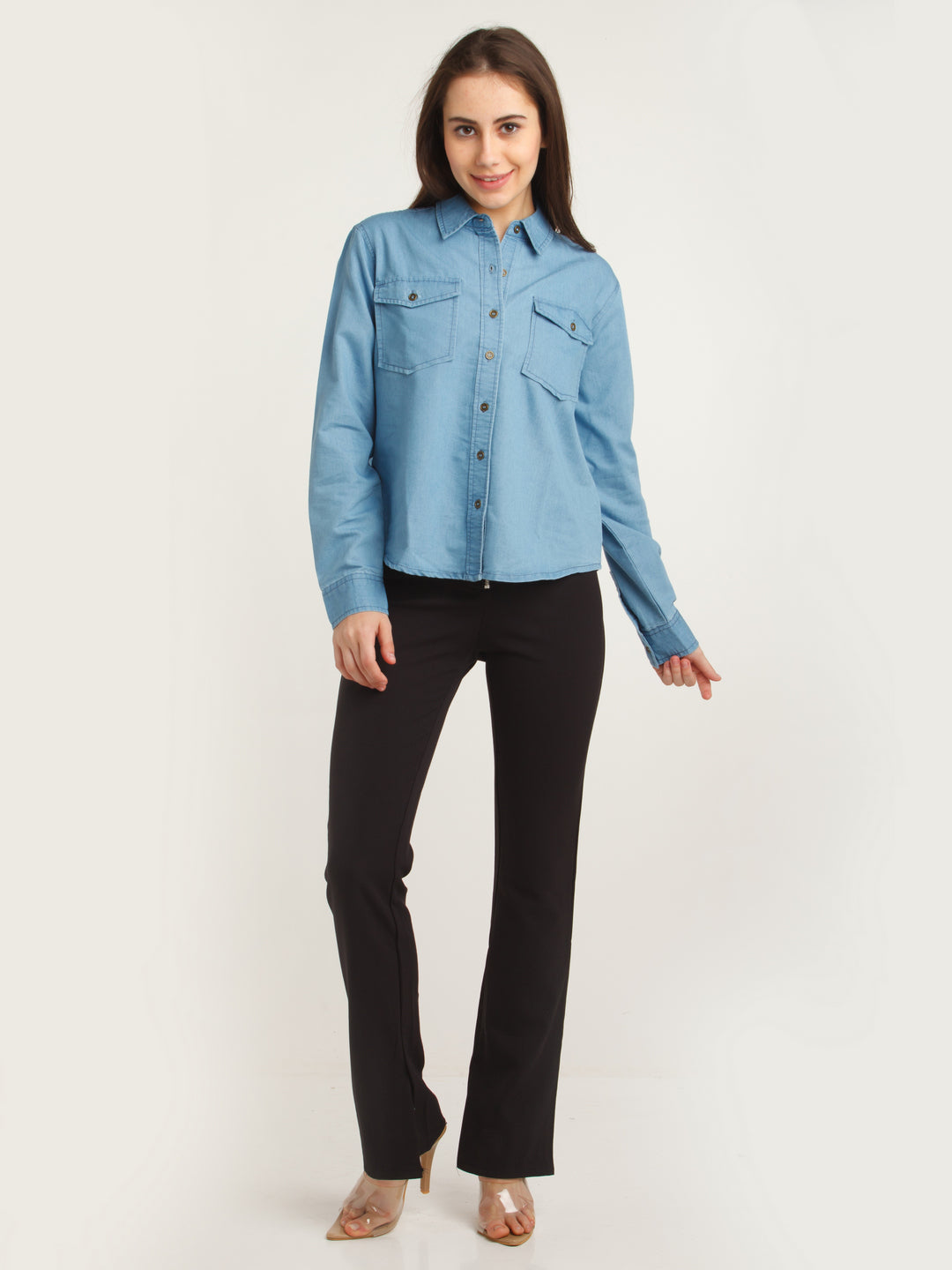 Blue Solid Straight Shirt For Women