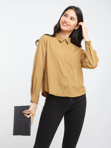 Brown Solid Straight Shirt For Women