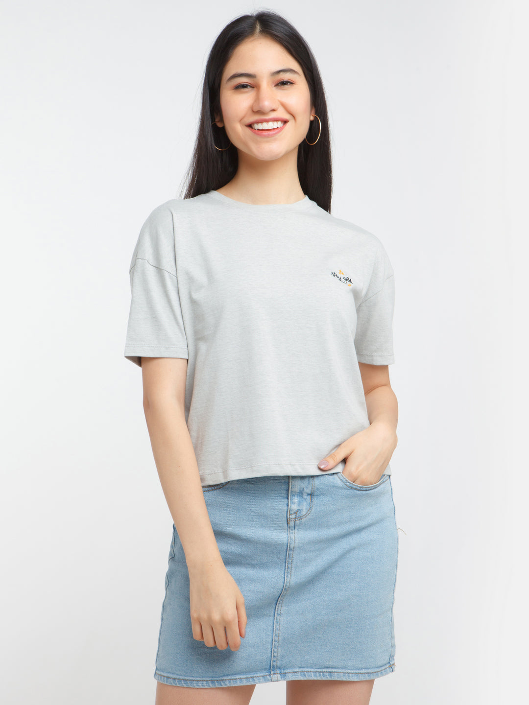 Grey Solid Crop T-Shirt For Women