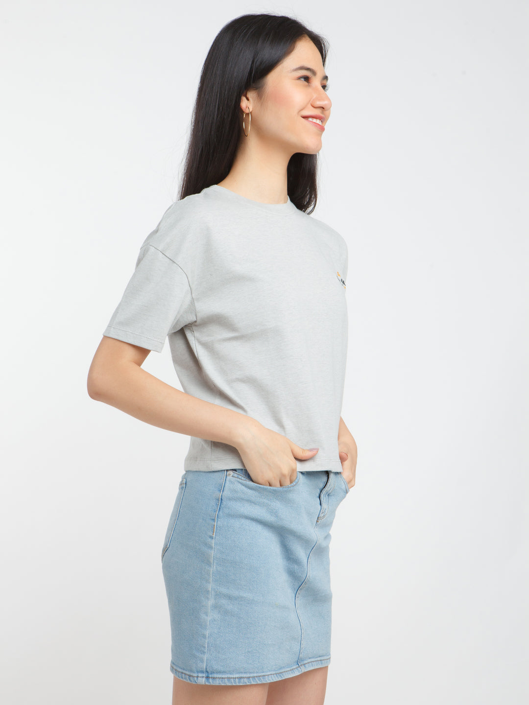 Grey Solid Crop T-Shirt