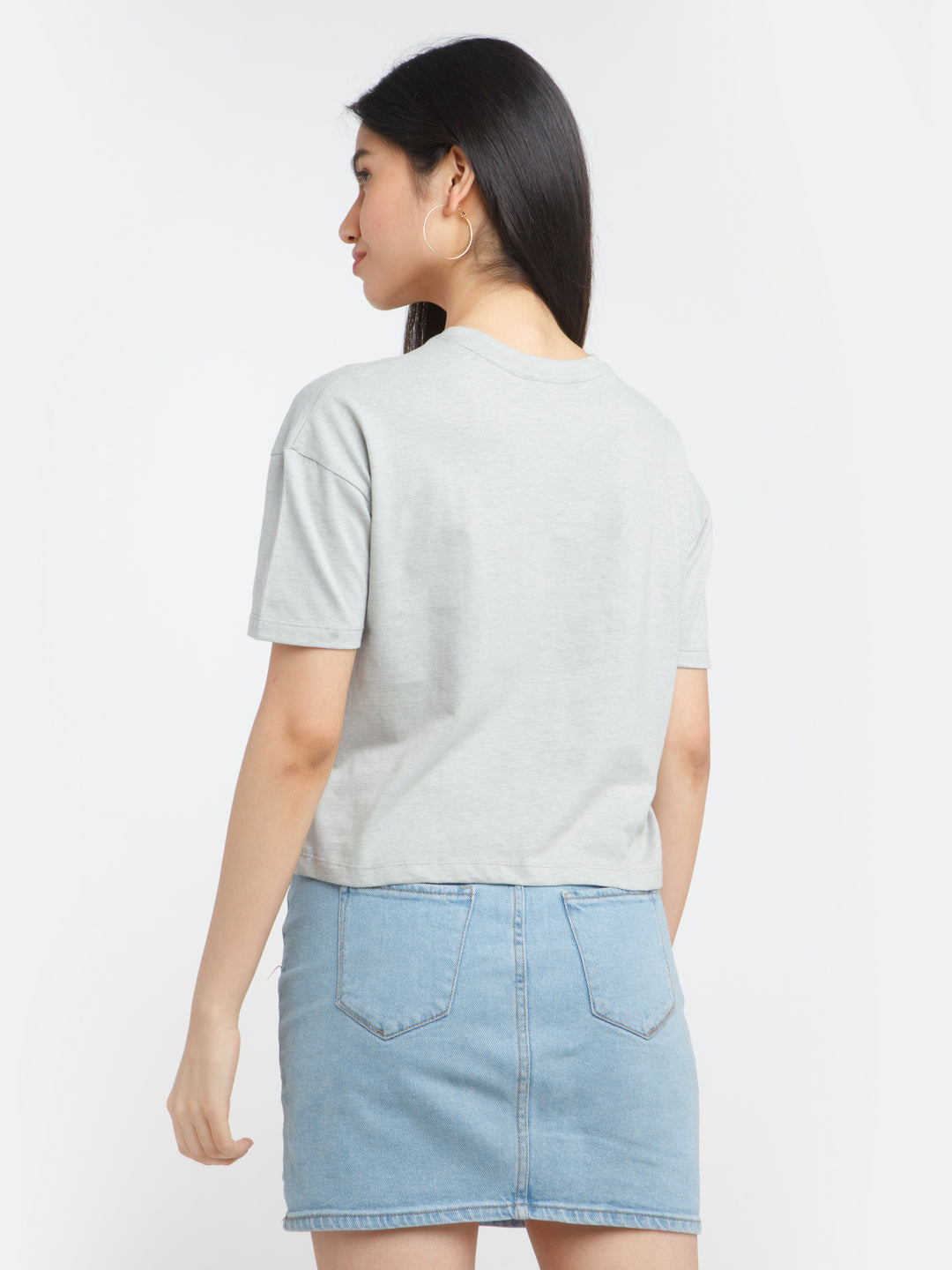 Grey Solid Crop T-Shirt For Women