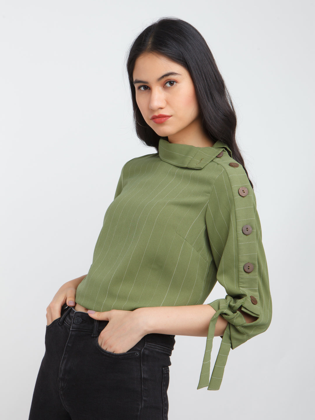 Olive Striped Buttoned Top