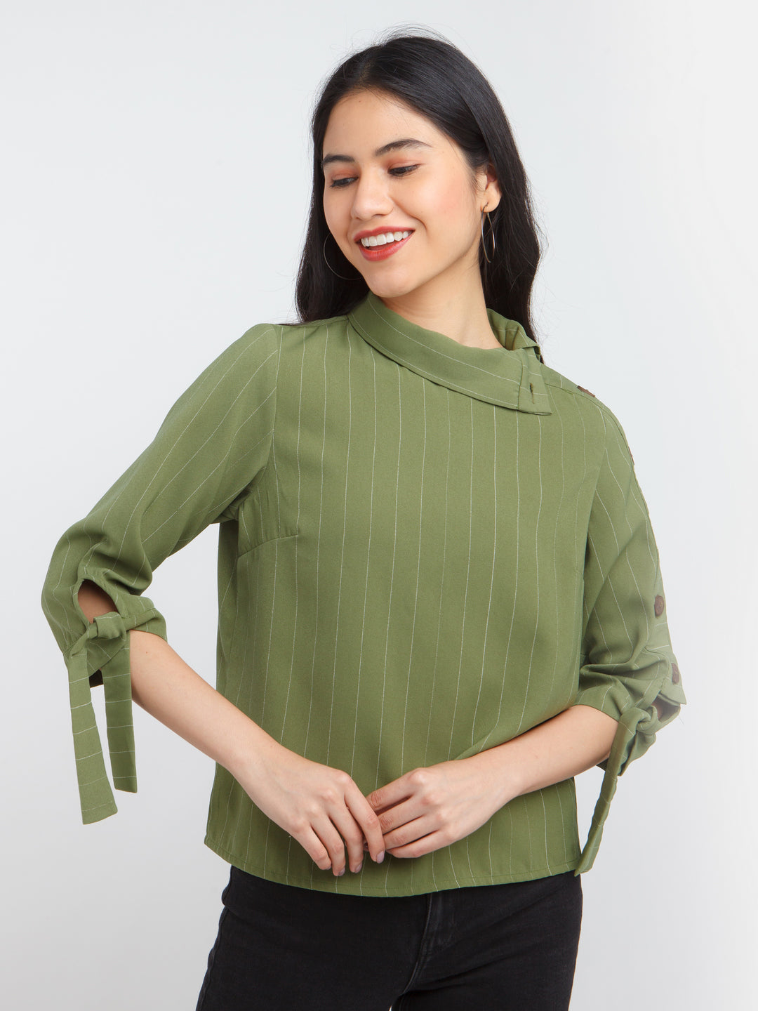 Olive Striped Buttoned Top