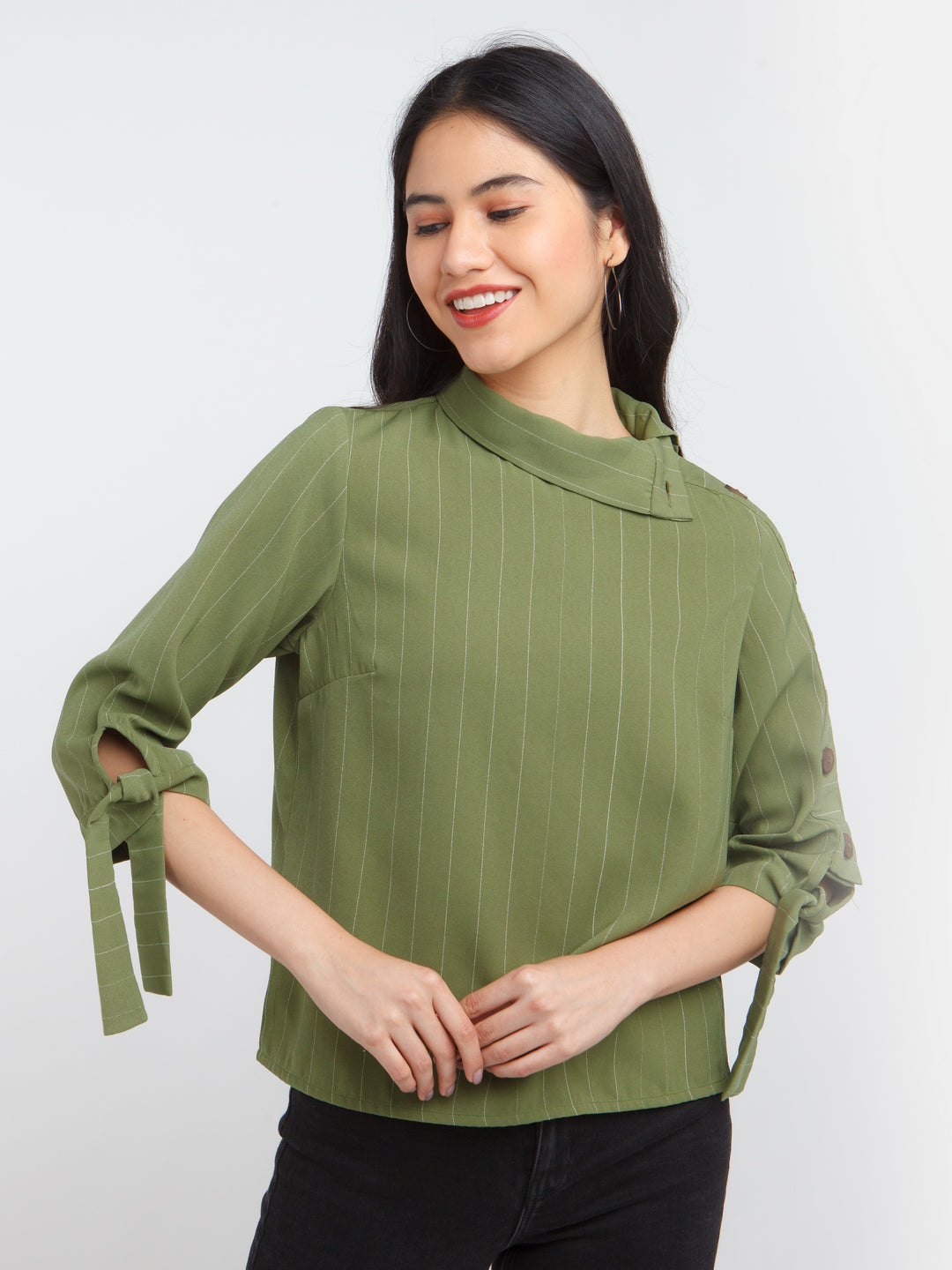 Olive Striped Buttoned Top For Women