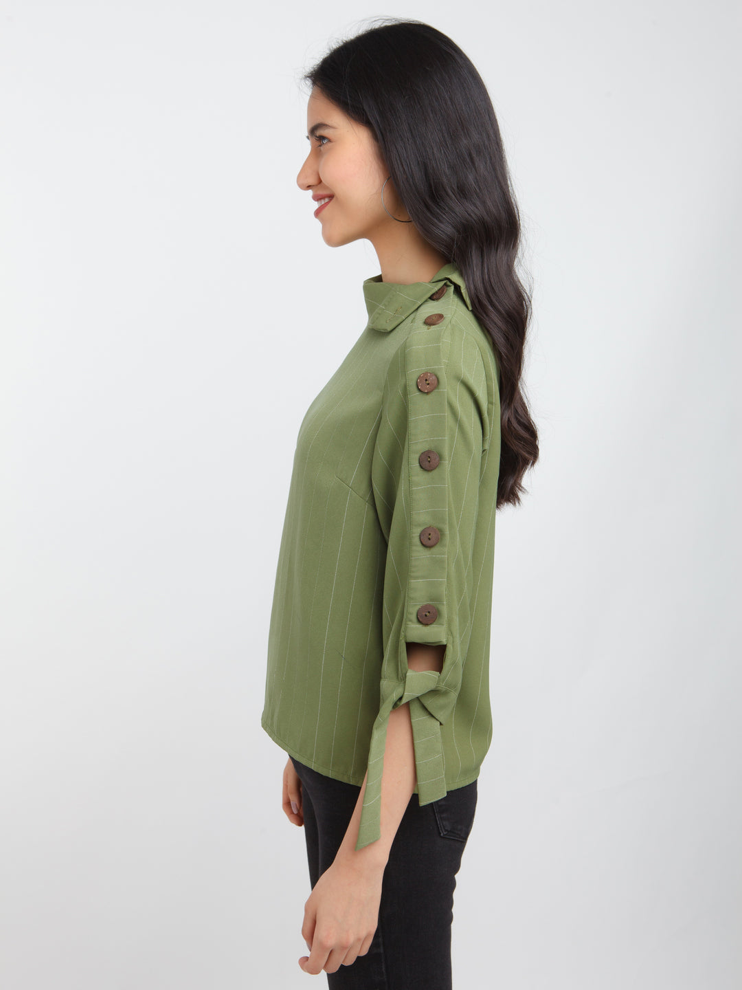 Olive Striped Buttoned Top