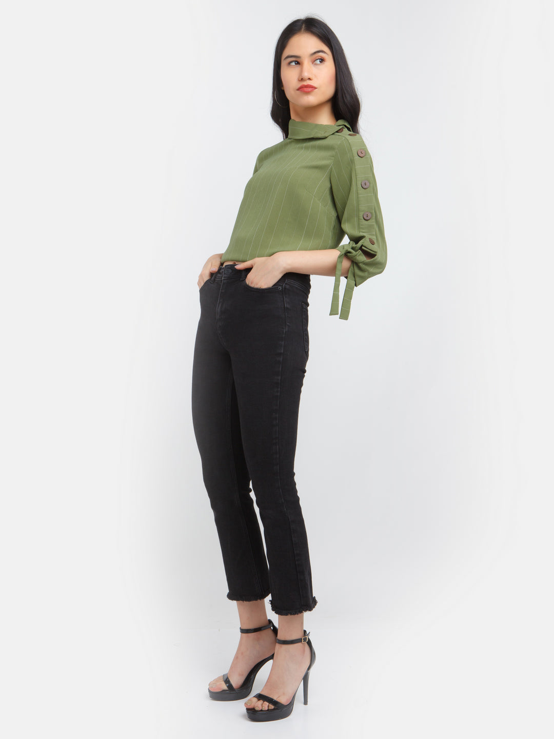 Olive Striped Buttoned Top