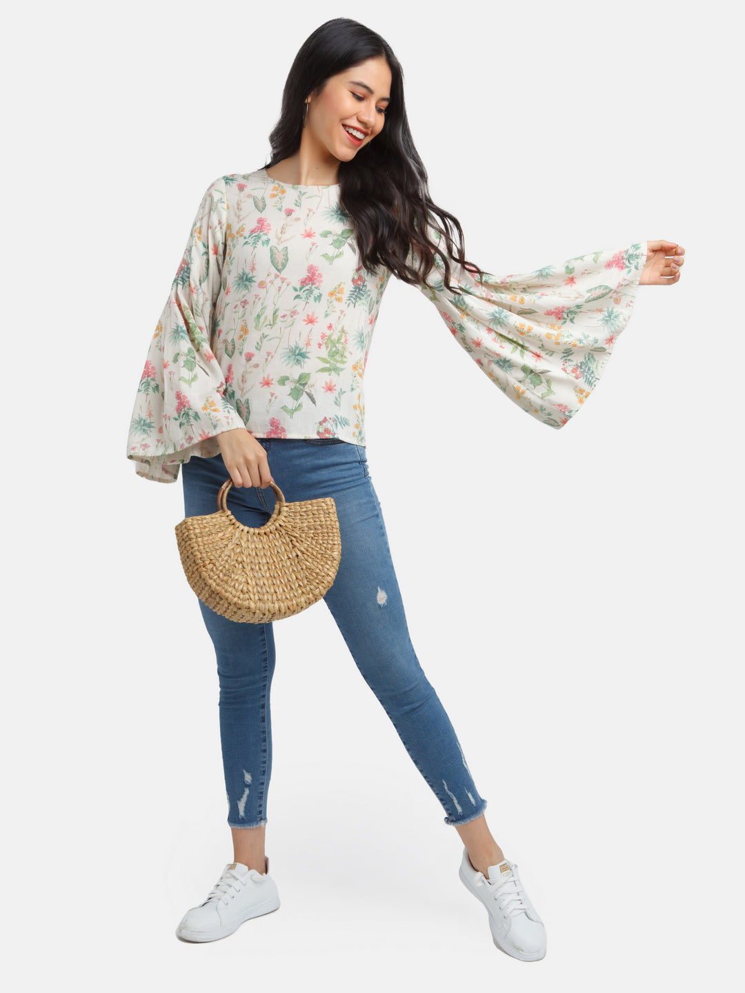 Off White Printed Flared Sleeve Top