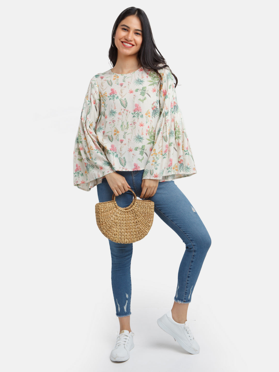 Off White Printed Flared Sleeve Top