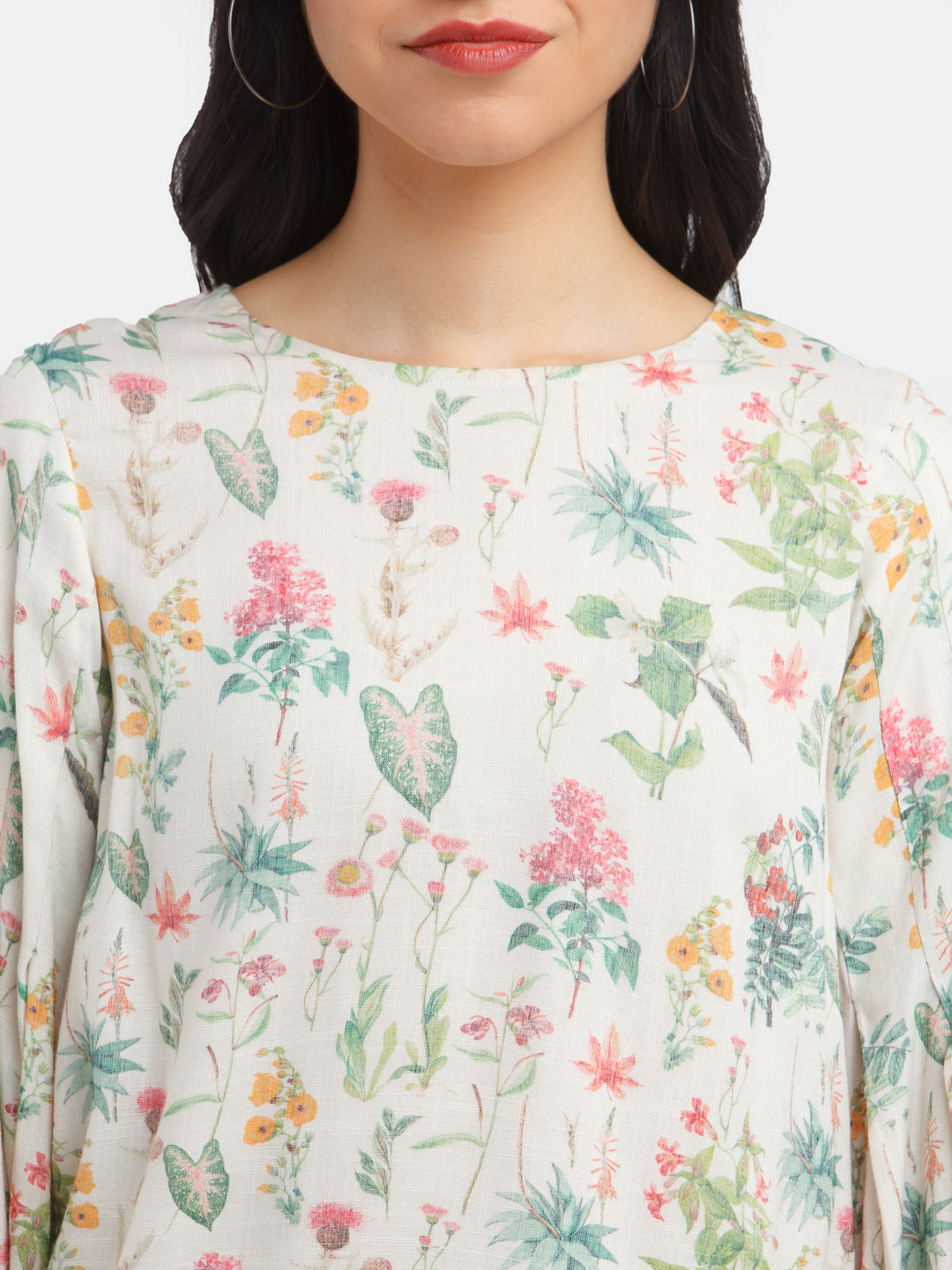 Off White Printed Flared Sleeve Top For Women