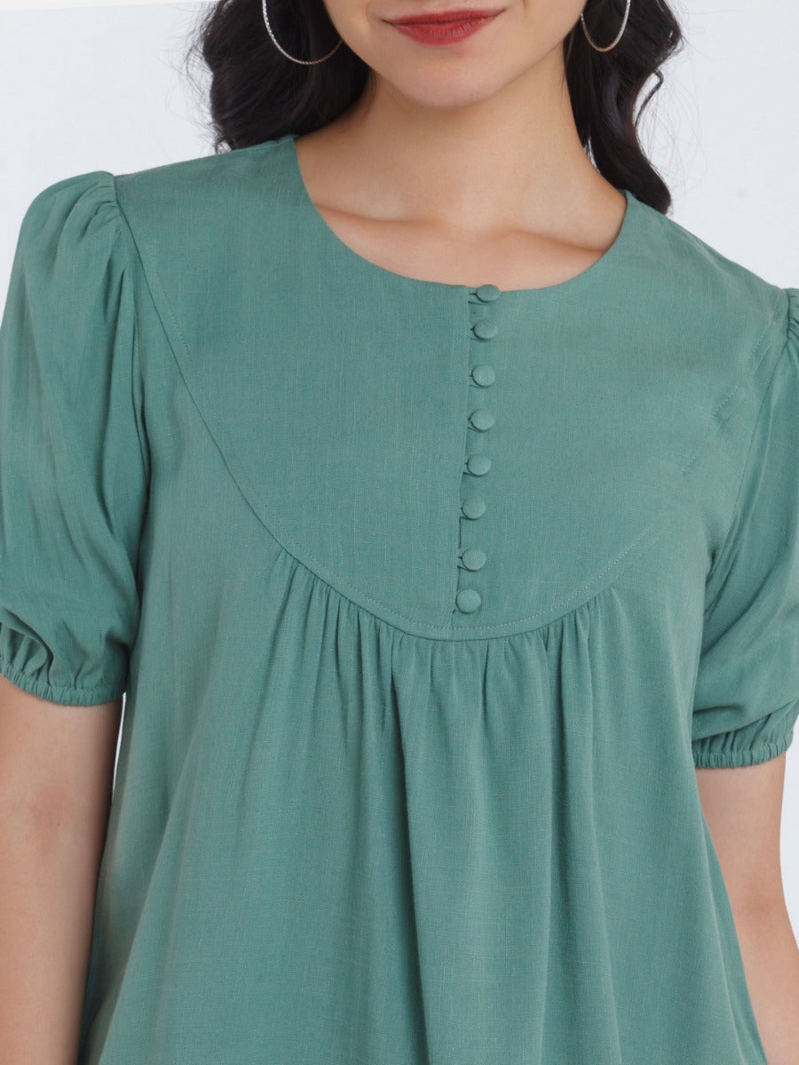 Green Solid Gathered Top For Women