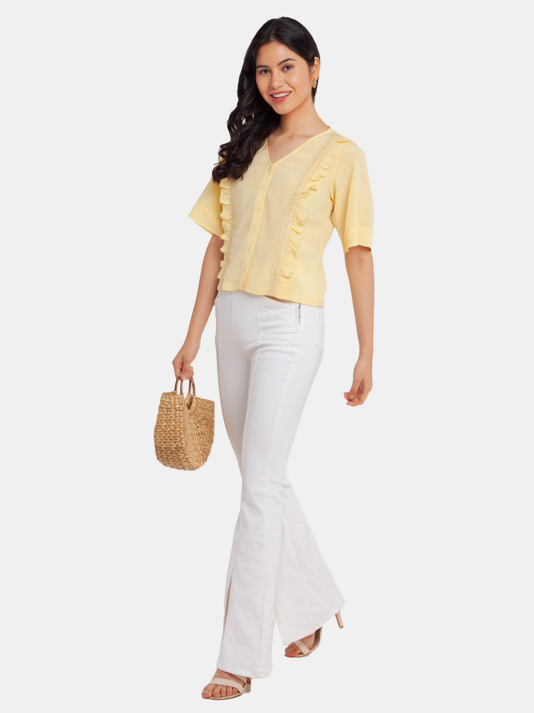 Yellow Solid Ruffled Top For Women