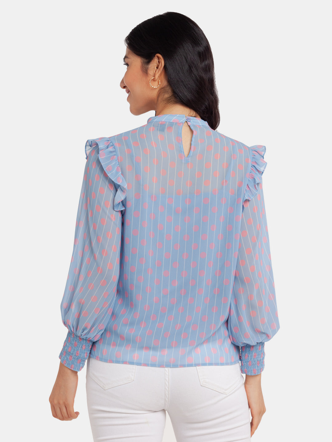 Blue Printed Ruffled Top For Women