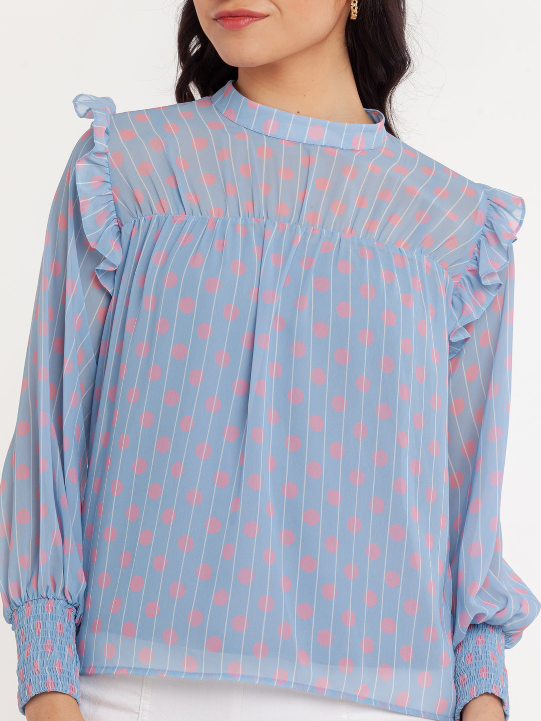 Blue Printed Ruffled Top For Women