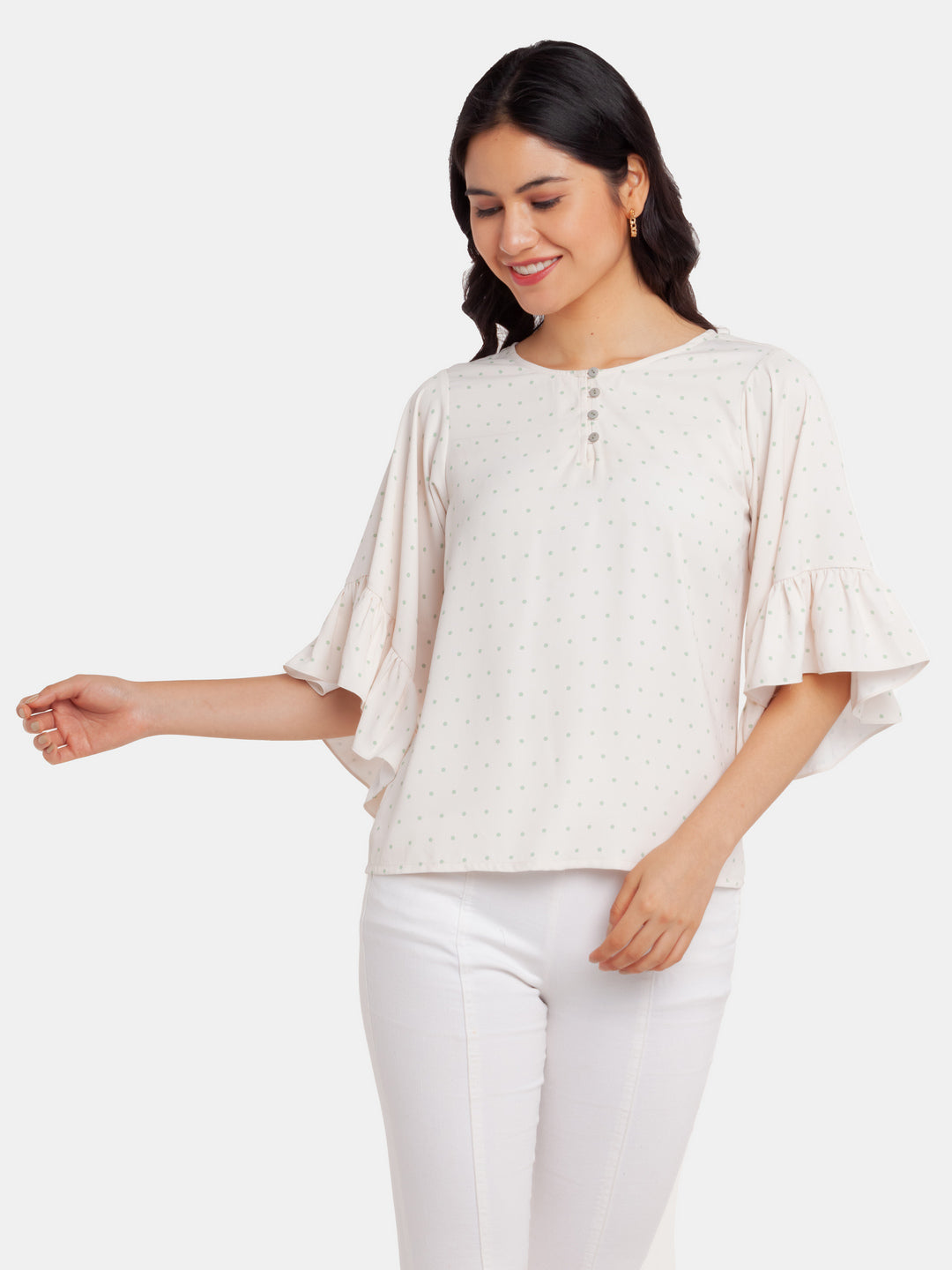 White Printed Flared Sleeve Top For Women