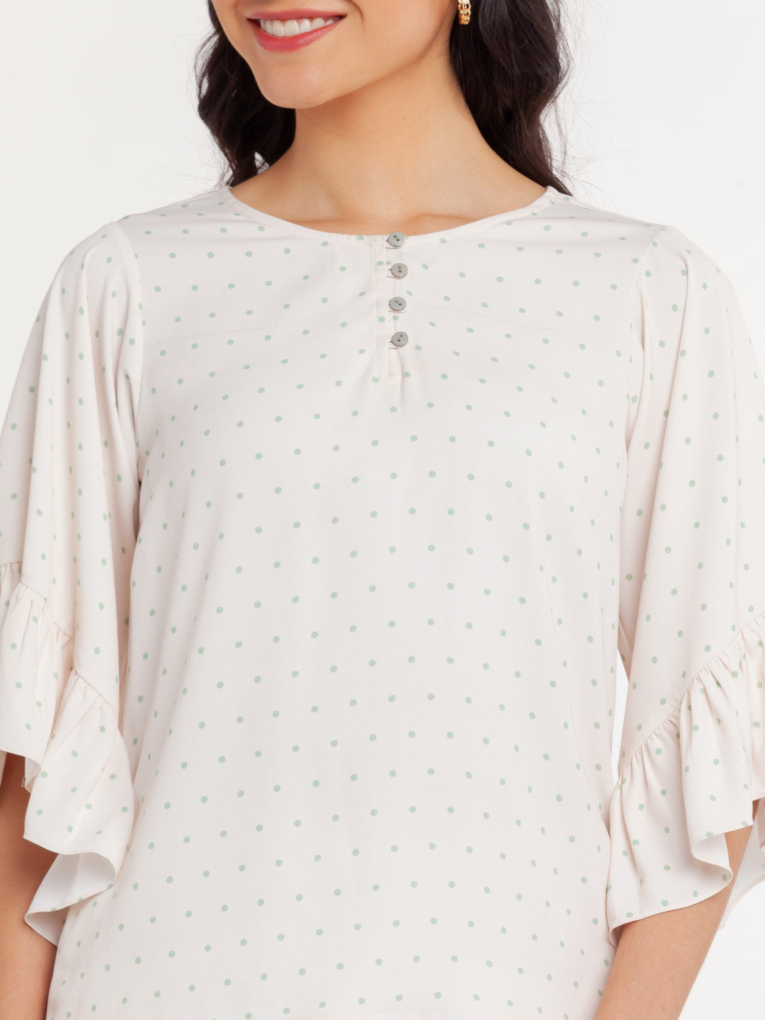 White Printed Flared Sleeve Top