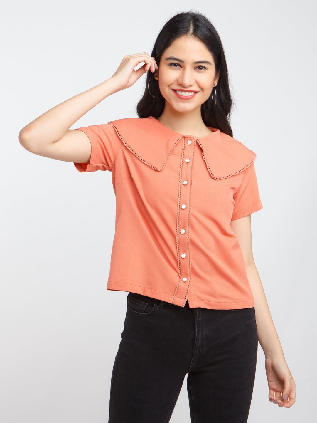 Orange Solid Lace Insert Top