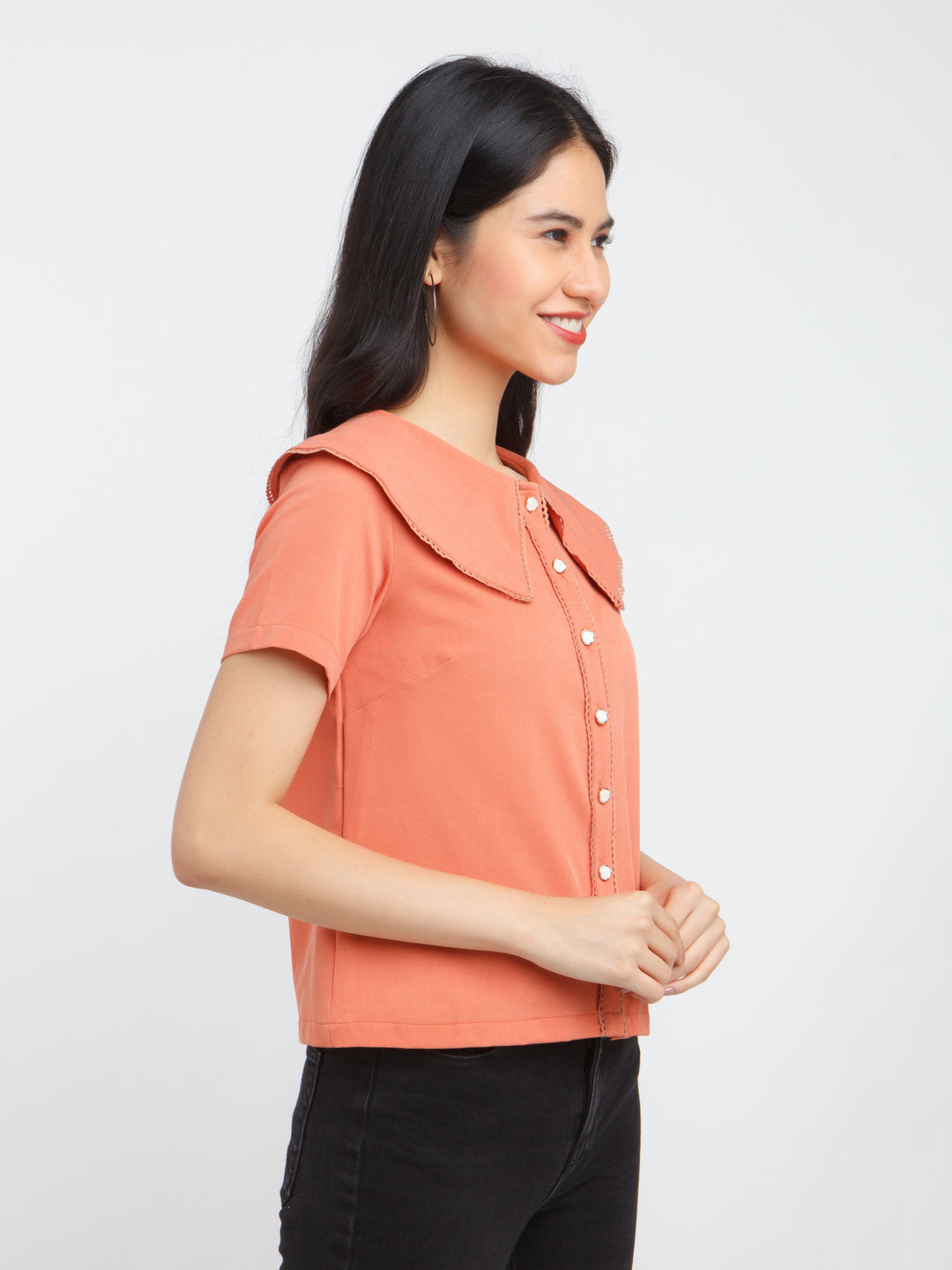 Orange Solid Lace Insert Top For Women