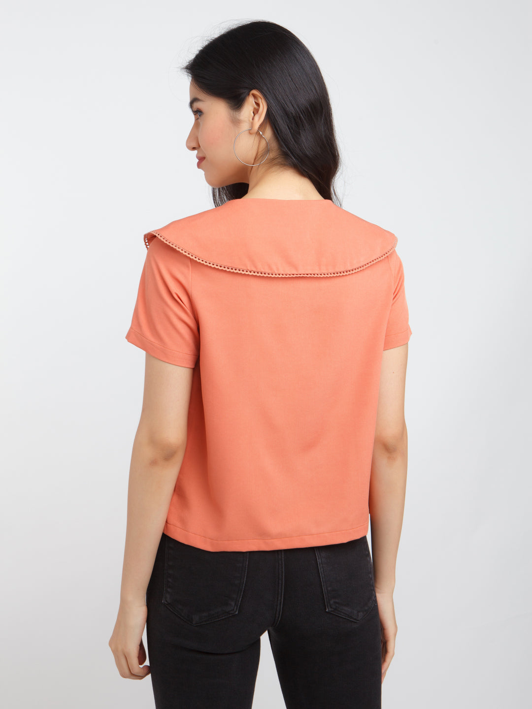 Orange Solid Lace Insert Top For Women