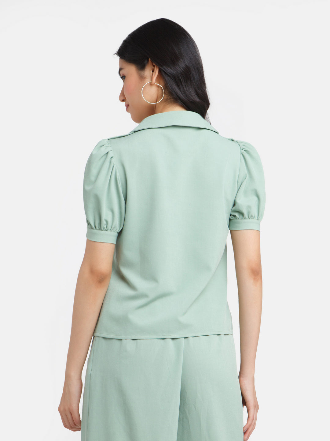Green Solid Puff Sleeve Top For Women