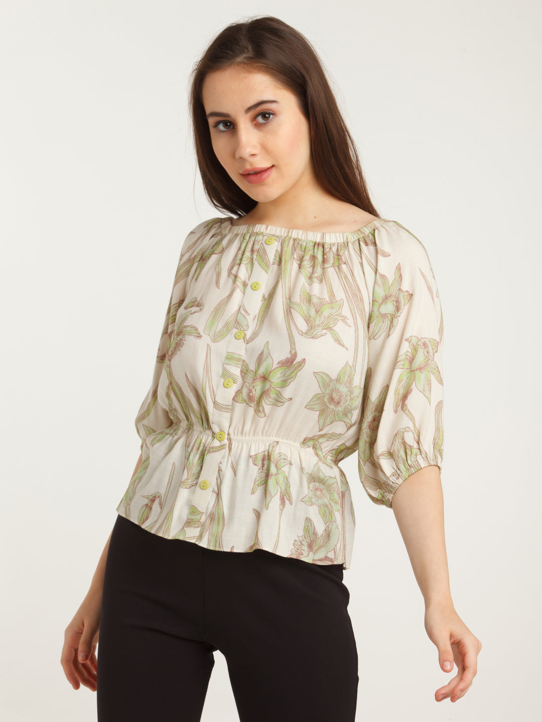 Off White Printed Off-shoulder Top