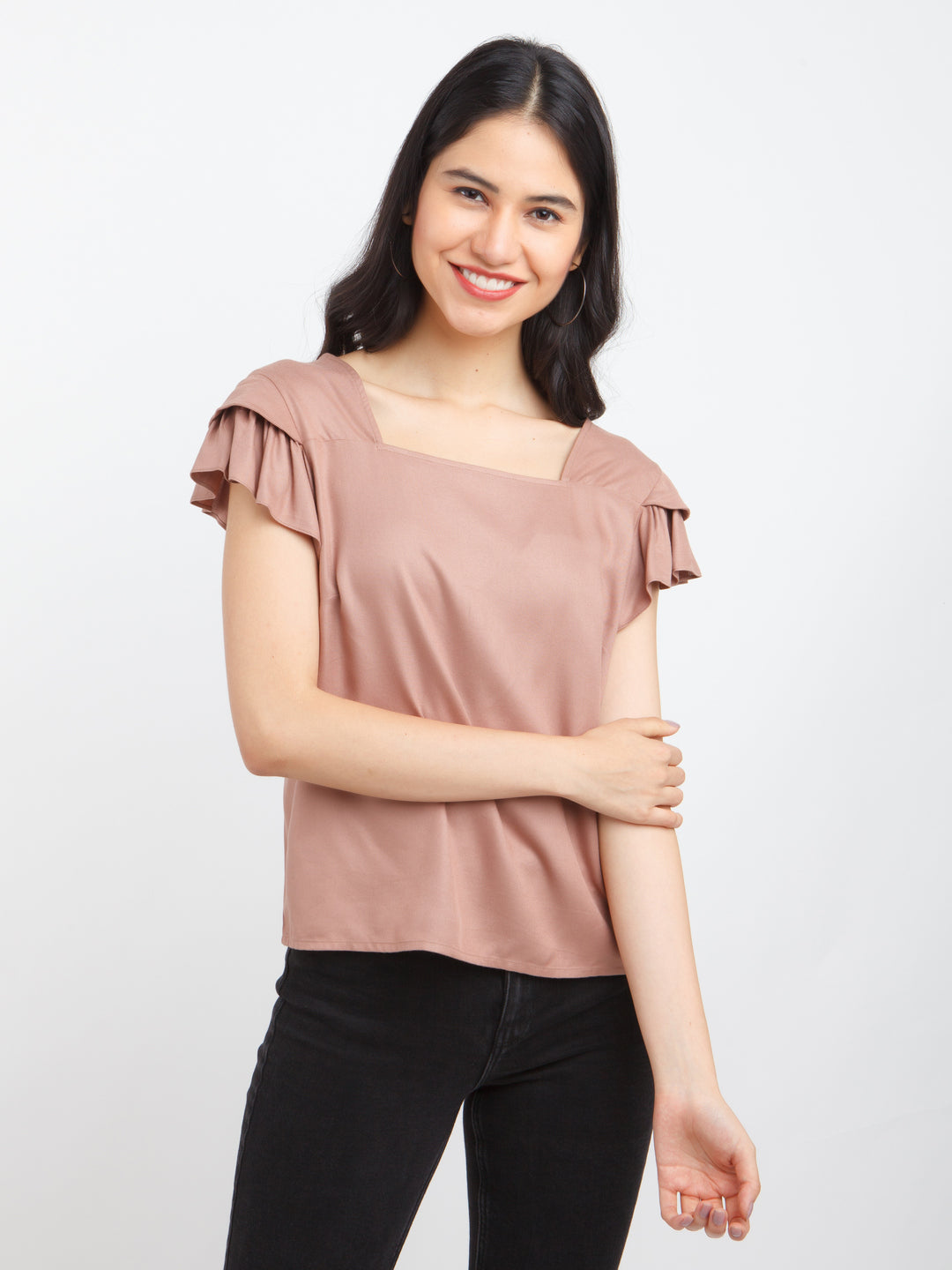 Brown Solid Ruffled Top