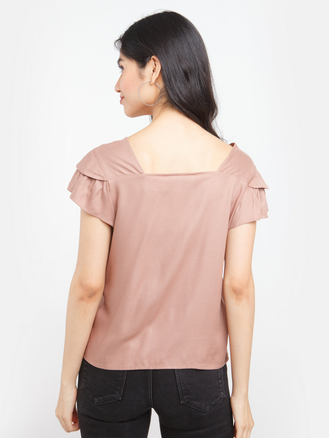 Brown Solid Ruffled Top For Women